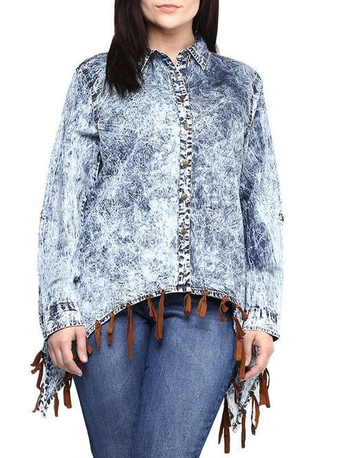 fringed hem acid wash asymmetric shirt - 10932483 - Very Small Image - 1