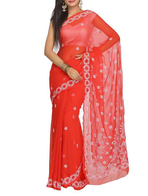 hand thread work chikankari georgette red saree with blouse - 12101687 - Very Small Image - 1