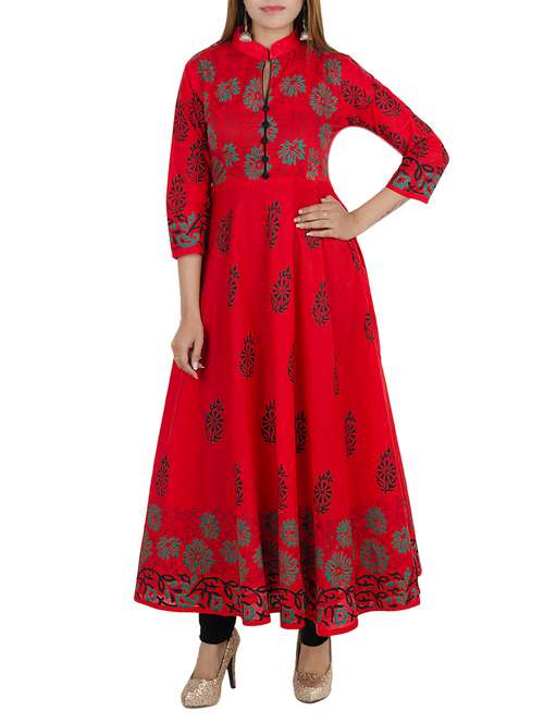 red cotton printed flared kurta - 12838407 - Very Small Image - 1