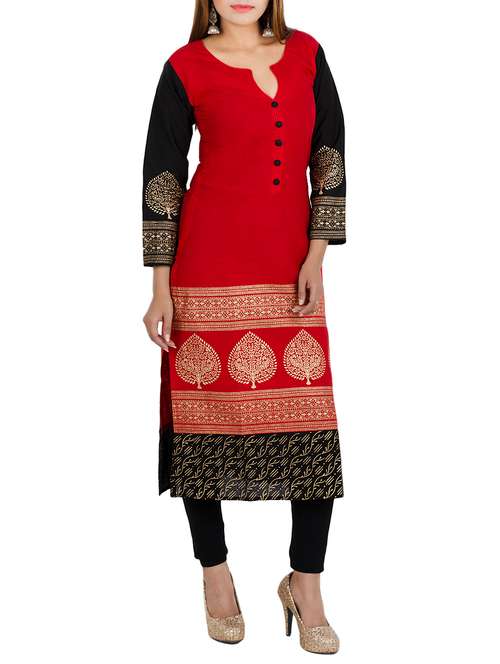 red cotton printed long kurta - 12838435 - Very Small Image - 1