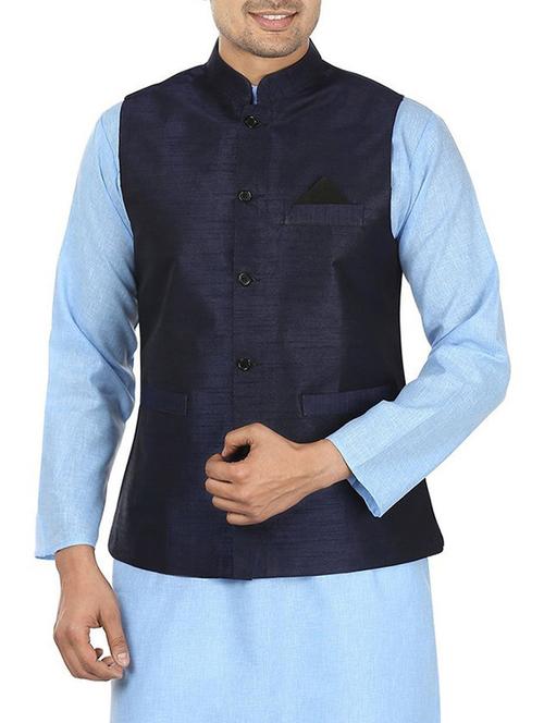 solid navy blue polyester nehru jacket - 13270139 - Very Small Image - 1
