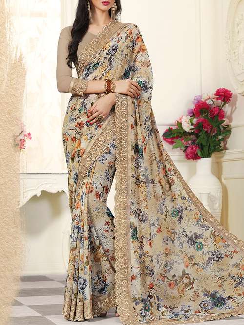 beige georgette printed saree with blouse - 13723274 - Very Small Image - 1