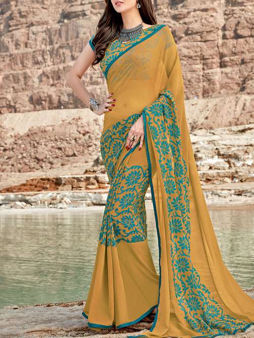 biege georgette printed saree - 13848201 - Very Small Image - 1