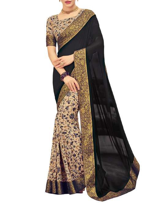 black & beige georgette half & half saree with blouse - 13906186 - Very Small Image - 1
