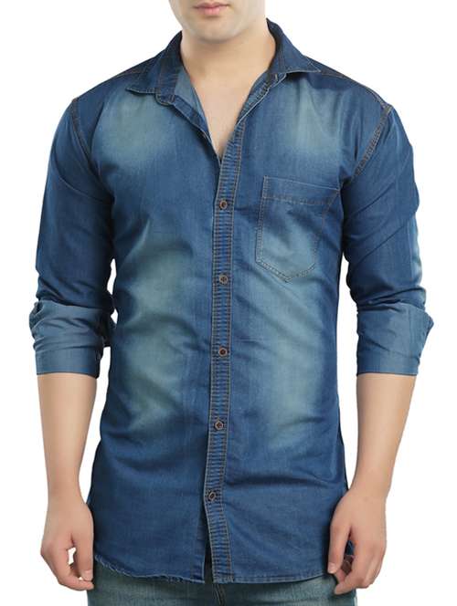 blue faded denim casual shirt - 14121592 - Very Small Image - 1