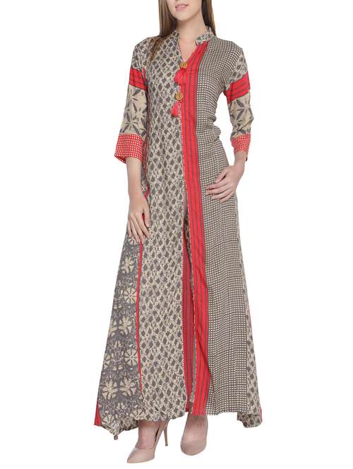 beige rayon high slit kurta - 14251882 - Very Small Image - 1