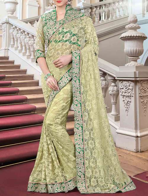 green tissuenet embroidered saree with blouse - 14431620 - Very Small Image - 1