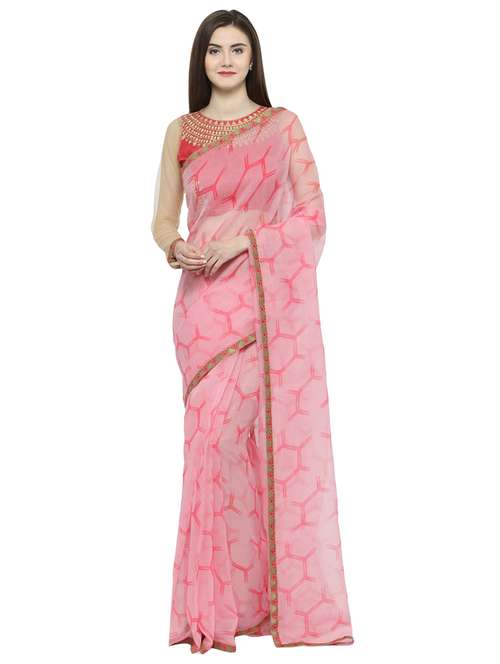 women's geometric pink colored saree with blouse - 14807023 - Very Small Image - 1