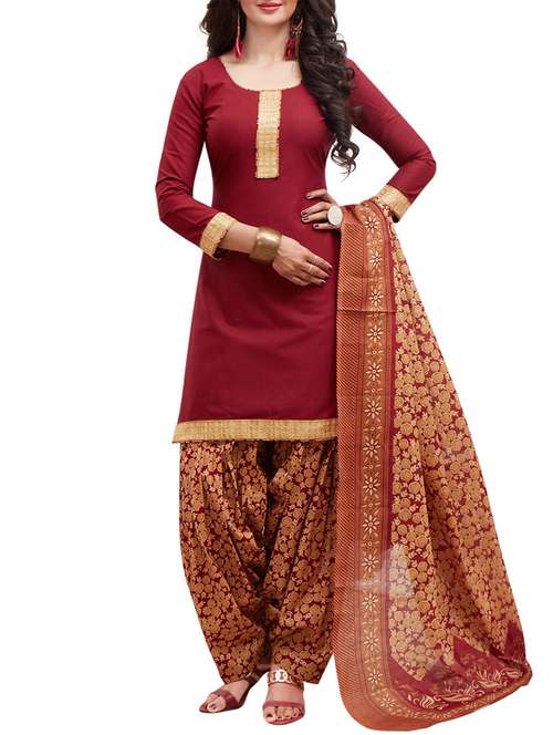 maroon cotton unstitched suit - 14902869 - Very Small Image - 1