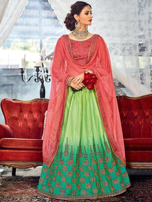green satin semi-stitched flared lehenga - 14959878 - Very Small Image - 1