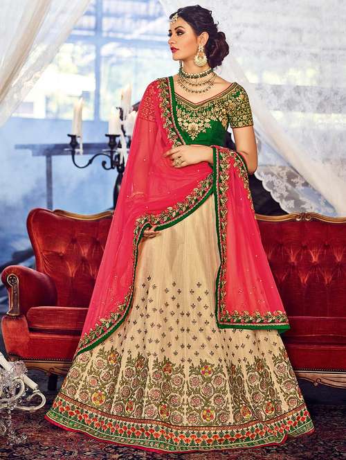 beige chanderi semi-stitched flared lehenga - 14959882 - Very Small Image - 1