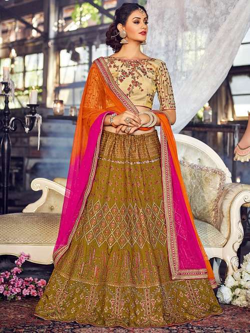 brown silk semi-stitched flared lehenga - 14959883 - Very Small Image - 1