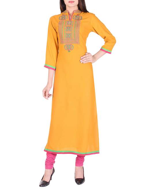 yellow rayon straight kurta - 15021838 - Very Small Image - 1