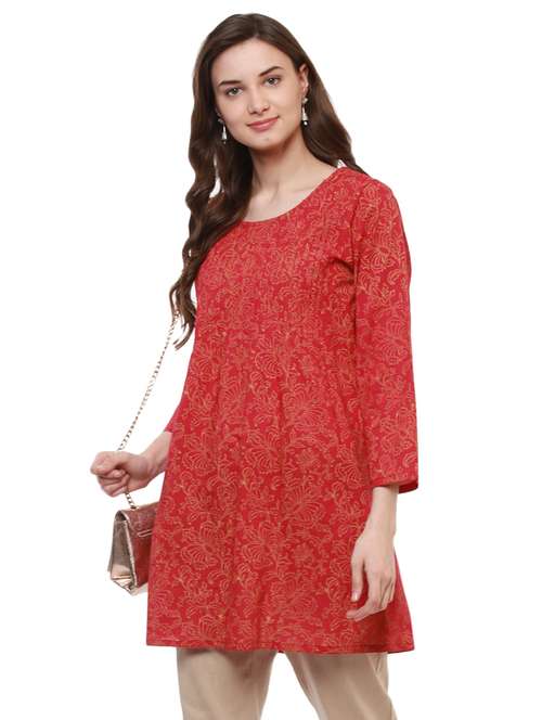 red cotton a-line kurta - 15073740 - Very Small Image - 1
