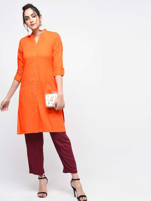 orange cotton solid kurta - 15101337 - Very Small Image - 1