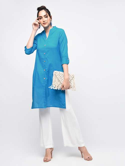 turquoise cotton solid kurta - 15101338 - Very Small Image - 1