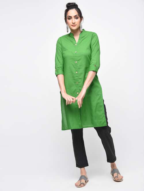 green cotton solid kurta - 15101339 - Very Small Image - 1