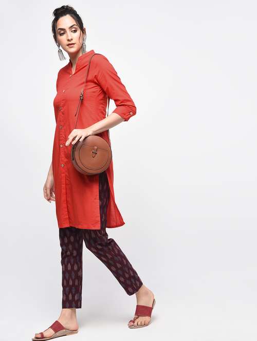 red cotton solid kurta - 15101342 - Very Small Image - 1