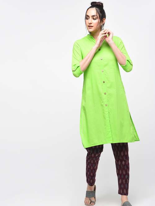 green cotton solid kurta - 15101344 - Very Small Image - 1