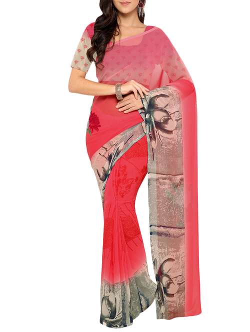 pink georgette printed saree with blouse - 15118452 - Very Small Image - 1