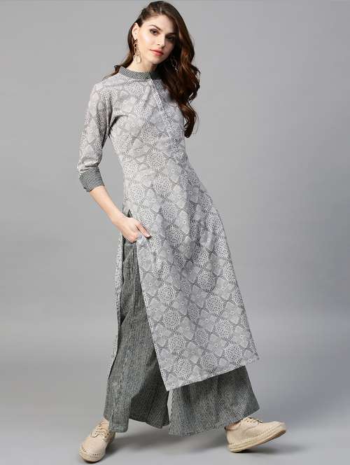 grey cotton printed kurta with palazzo - 15129058 - Very Small Image - 1