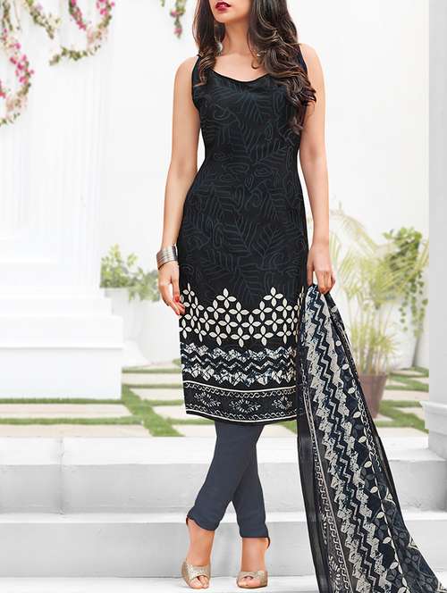 black crepe unstitched churidaar suit - 15142369 - Very Small Image - 1