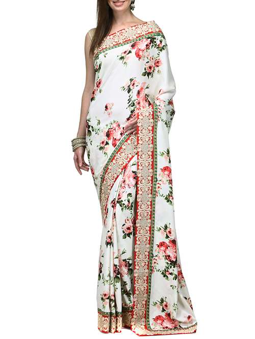 white crepe printed saree with blouse - 15180744 - Very Small Image - 1