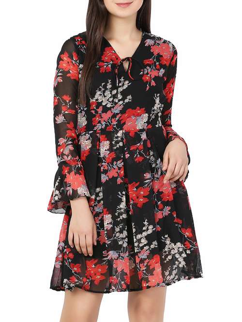 tie knot pleated floral flared dress - 15187351 - Very Small Image - 1