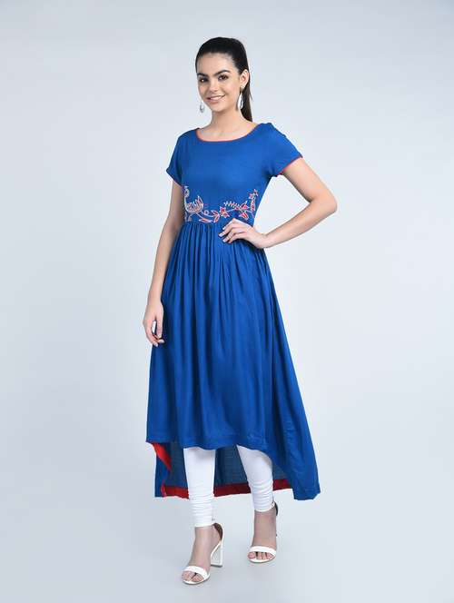 embroidered high low kurta with contrast piping - 15233033 - Very Small Image - 1