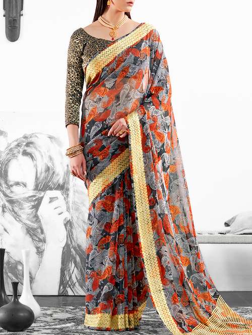 grey georgette printed saree with blouse - 15235858 - Very Small Image - 1
