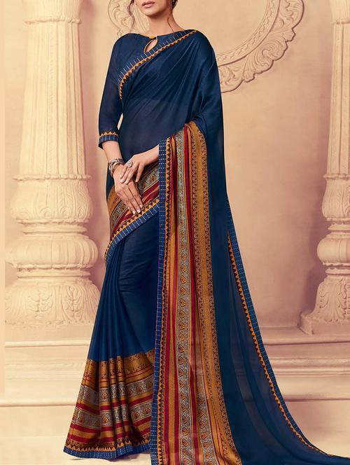 blue bordered saree with blouse - 15257648 - Very Small Image - 1