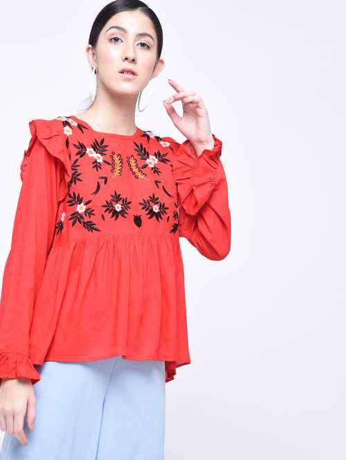 women's ruffle round neck top - 15399073 - Very Small Image - 1