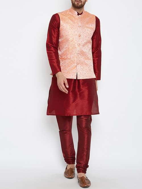 red and peach silk blend kurta pyjama set - 15416078 - Very Small Image - 1