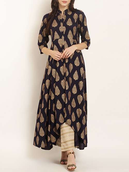 asymmetric block print kurta - 15418417 - Very Small Image - 1