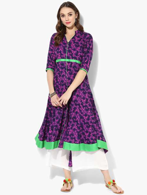 printed contrast piping anarkali kurta - 15523778 - Very Small Image - 1