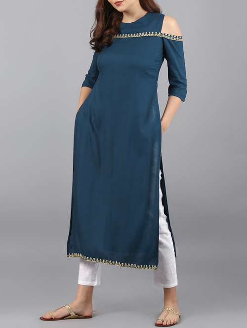 turquoise cold shoulder straight kurta - 15576303 - Very Small Image - 1