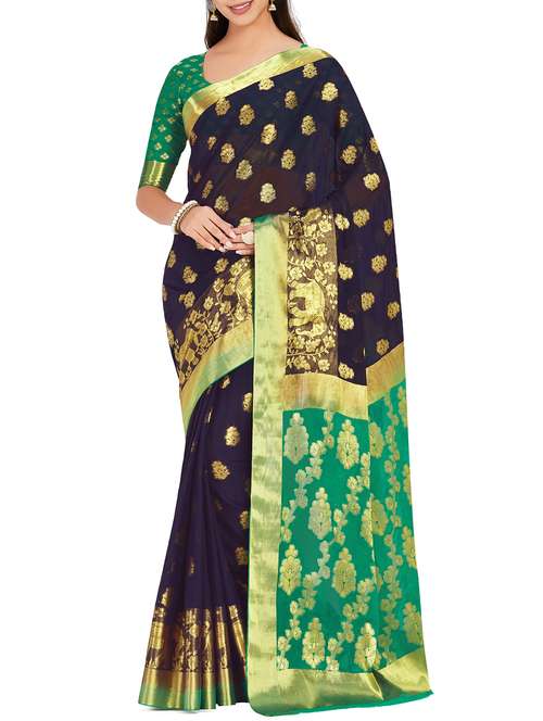 floral zari motif kanjivaram saree with blouse - 15625401 - Very Small Image - 1
