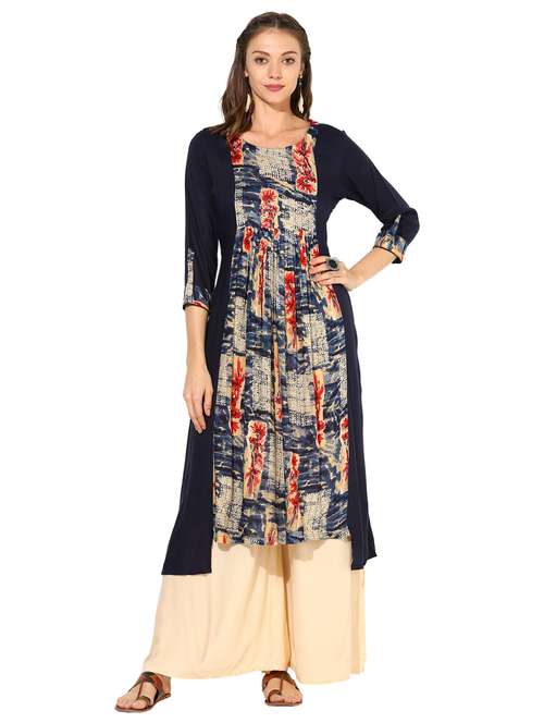 printed front paneled kurta with palazzo set - 15652545 - Very Small Image - 1