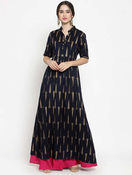 navy flared foil print kurta - 15676254 - Very Small Image - 1