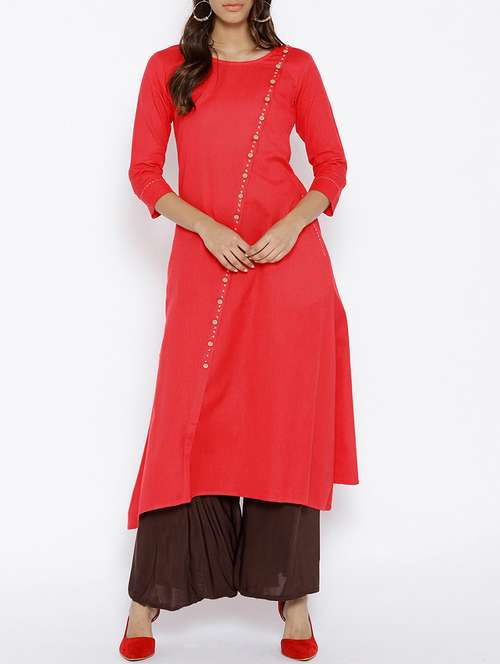 a-line solid kaantha detail kurta with pocket - 15703542 - Very Small Image - 1
