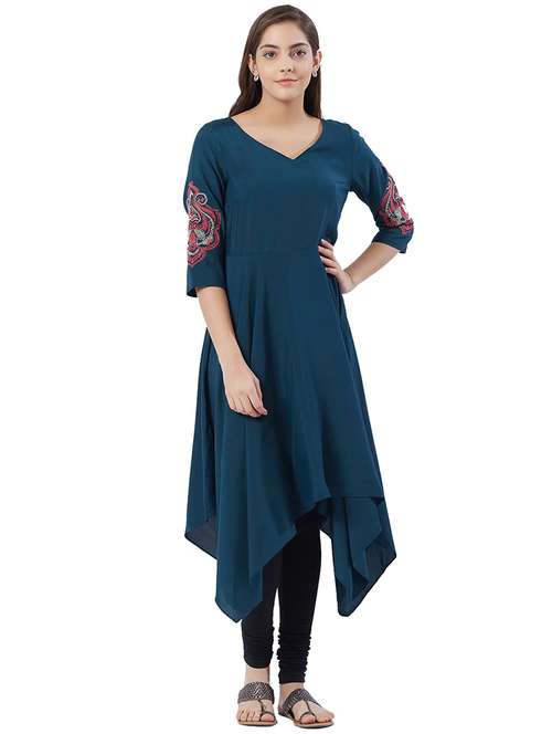 teal solid asymmetric kurta - 15707308 - Very Small Image - 1