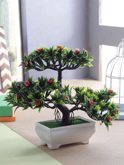 artificial plant bonsai tree with pot for home décor living room (23 cm x 10 cm x 23 cm, fyj-wpt-b-3hdtrnlevredflw) - 15774957 - Very Small Image - 1