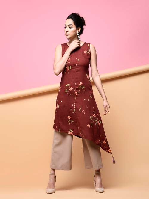 rust asymmetric printed kurta - 15875975 - Very Small Image - 1