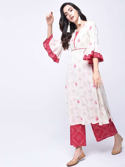bell sleeved block printed kurta with palazzo set - 15926975 - Very Small Image - 1