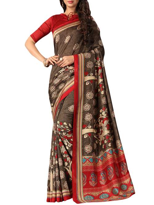 kalamkari printed brown saree with blouse - 15983242 - Very Small Image - 1