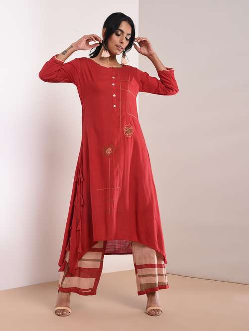 kaantha asymmetric kurta palazzo set with tassels - 16011131 - Very Small Image - 1