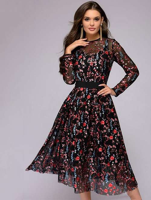 keyhole back floral flared dress - 16030385 - Very Small Image - 1
