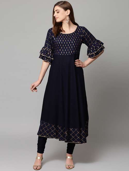 bell sleeved block print flared kurta - 16064825 - Very Small Image - 1