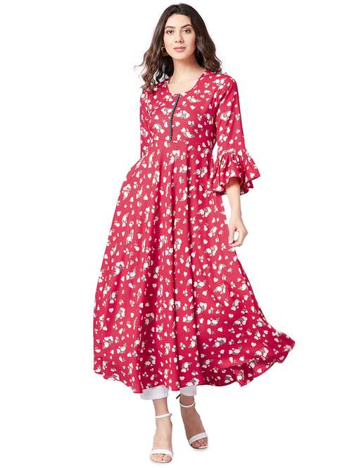 Bell sleeved floral flared kurta - 16138827 - Very Small Image - 1