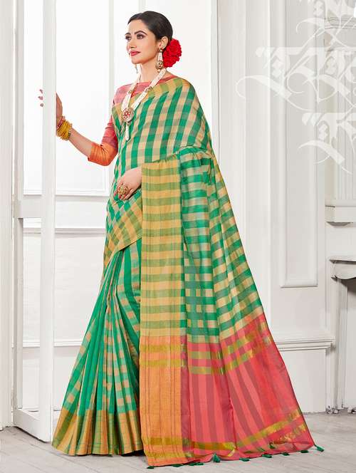 checkered woven saree with blouse - 16373900 - Very Small Image - 1